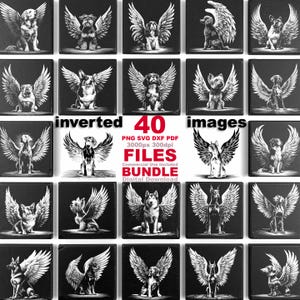 May include: A digital bundle of 40 black and white illustrations featuring various dog breeds with large feathered wings. The central text reads: inverted 40 images, PNG SVG DXF PDF, 3000px 300dpi, FILES, Commercial Use Included, BUNDLE, Digital Download.