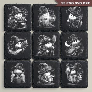 Può includere: Un set di nove sottobicchieri quadrati in ardesia nera con illustrazioni bianche incise di fantasmi con cappelli da strega. I disegni includono fantasmi con calderone, lanterna, chiave, foglie, scopa, luna crescente, cestino, tazza e torcia. Testo 25 PNG SVG DXF.