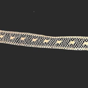 May include: A close-up of a beige lace trim with a repeating pattern of small, open circles and larger, open ovals.