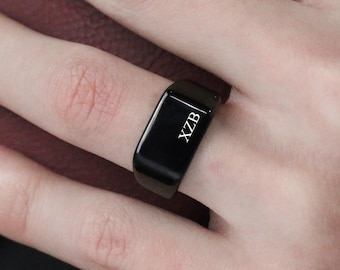 Personalised Black Tungsten Ring, Engraved Signet Ring, Rectangular Unisex Rings, Mens Jewellery, Wedding Anniversary Gifts For Him & Her