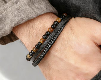 Custom Men's Braided Leather Beaded Bracelet, Tiger Eye Stone bracelet