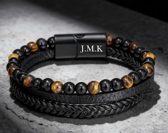 Men's Braided Leather Beaded Bracelet, Birthday Gift For Him, Boyfriend Christmas Gift, Custom Men Jewelry For Boyfriend Leather Bracelet