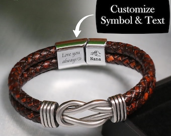Custom Kid's Names Bracelet for Dad, Personalised Men's Infinity Knot Leather Bracelet, Mens Leather Jewelry, Gift for Dad,Dad Birthday Gift