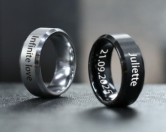 Personalized Tungsten Ring Christmas Gifts For Him - Engraved Rings - Dainty Black Ring - Name Rings - Couple Rings Both Sides Engraveable