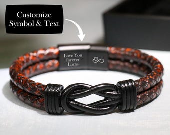 To My Son/Grandson Leather Wrap Infinity Knot Bracelet, Personalized Custom Engraved Name Leather Bracelet Birthday Graduation Gifts For Men