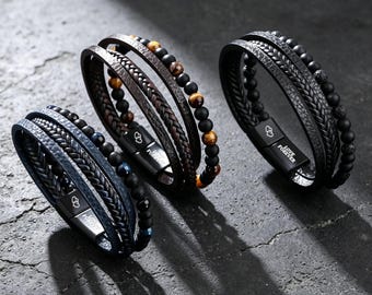 Men's Braided Leather Beaded Bracelet, Tiger Eye Stone, Multi-Layer Knitted Wristband with Magnetic Clasp, Fashion Jewelry Gifts for Him