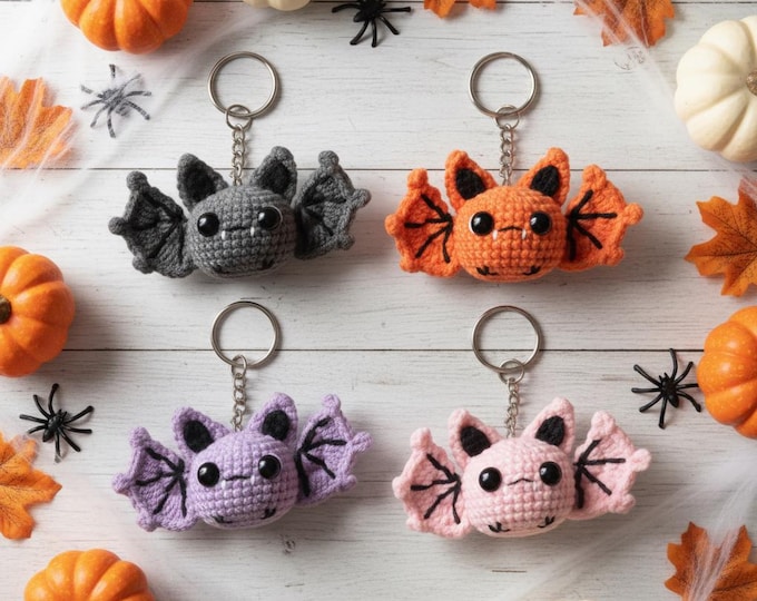 Handmade Crochet Bat Keychain, Amigurumi Plushie, Halloween Bag Charm
