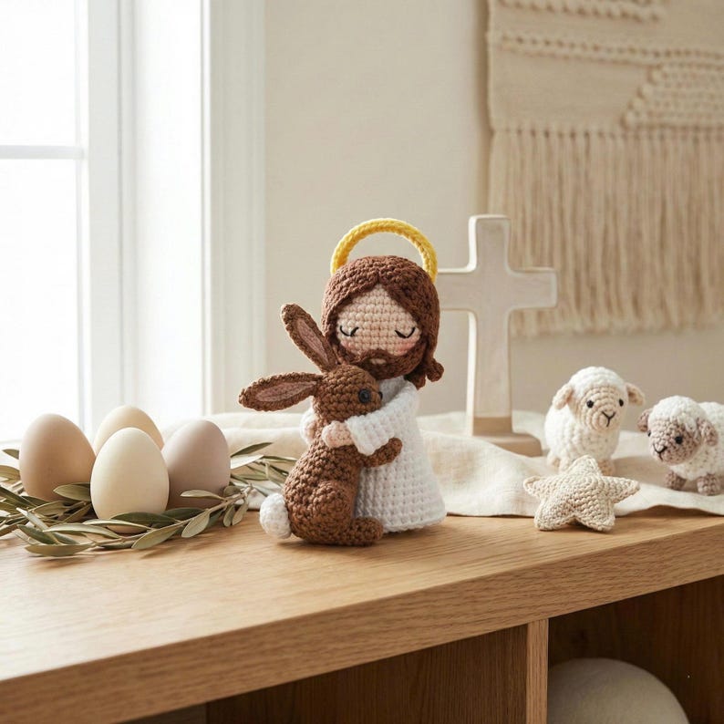 May include: A crocheted Jesus figure with a brown bunny, a yellow halo, and a white robe. The scene includes a wooden cross, two white sheep, a star, and several eggs, all on a wooden surface. The items are handmade and suitable for Easter.