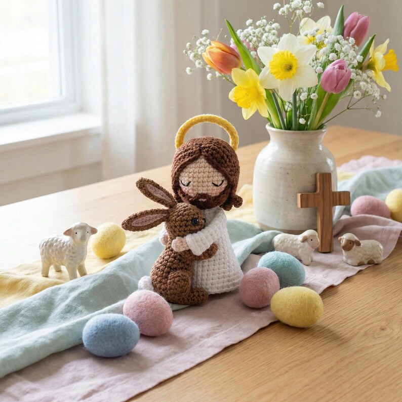 May include: A crocheted Jesus doll with a brown bunny, surrounded by pastel Easter eggs and ceramic lambs. A vase of spring flowers and a wooden cross are also on the table, creating a festive Easter scene.