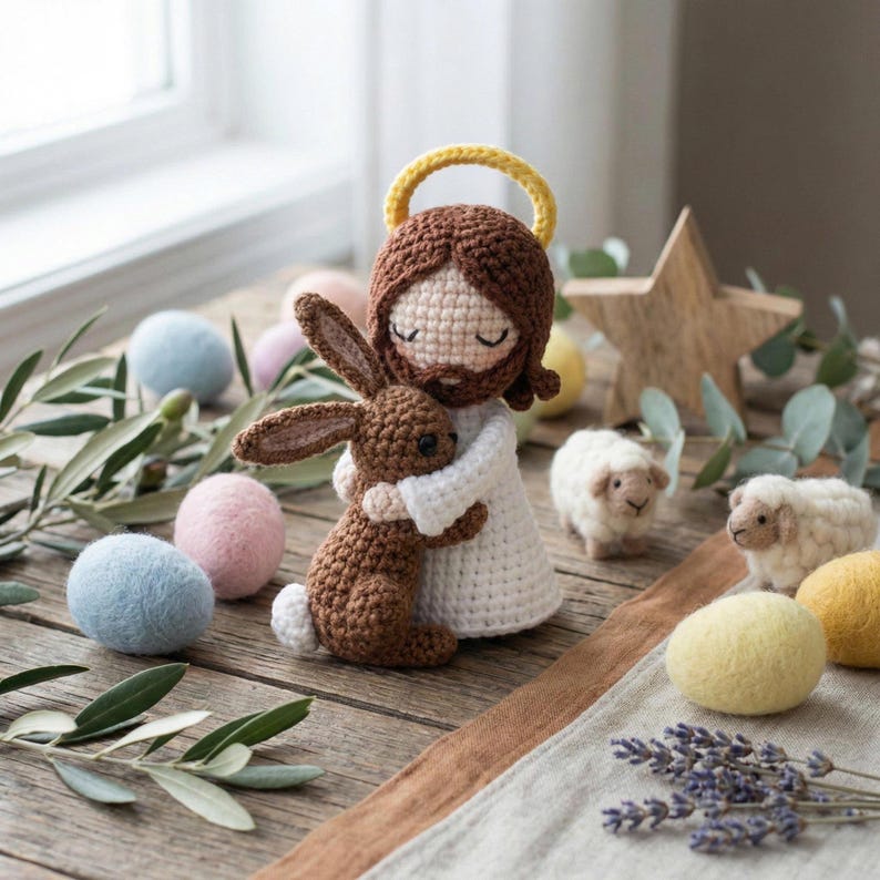 May include: A crocheted figure of a person with a halo, embracing a brown bunny. The figure wears a white robe and has brown hair and a beard. Pastel-colored felt balls and small white sheep figurines are also present, suggesting an Easter theme.