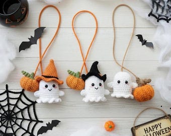 Handmade Crochet Ghost and Pumpkin Car Charm, Halloween Rearview Mirror Hanger