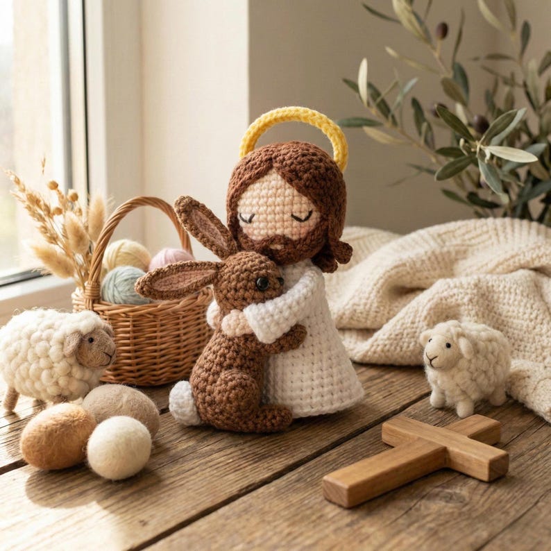 May include: A collection of handmade crochet items, including a figure of Jesus embracing a brown bunny, a small white sheep, a wooden cross, and a basket with yarn eggs. The items are arranged on a wooden surface, creating a warm and inviting scene.