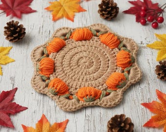 Handmade Crochet Pumpkin Coasters, Fall Table Decor, Autumn Gift