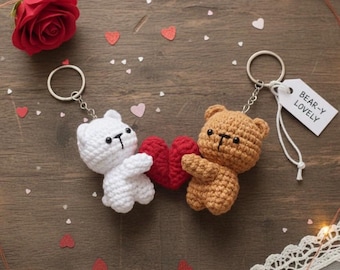 Crochet Bear Keychain Hugging Heart – Handmade Amigurumi Gift