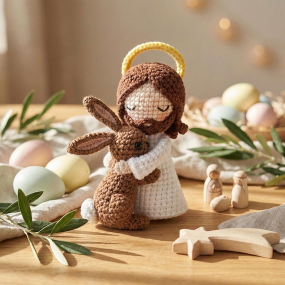 Handmade Easter Jesus Hug Rabbit Crochet, He Is Risen Plush, Easter Bible Verse Crochet, Trending Christian Easter Amigurumi, Nativity Plush