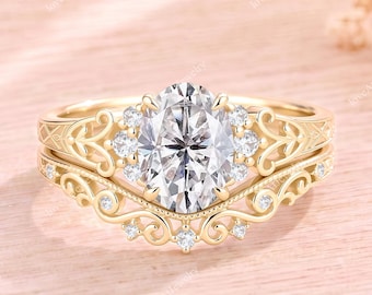 Unique Oval Cut Moissanite Engagement Ring Set 14K Solid Gold Filigree Cluster Promise Ring Art Deco Diamond Leaf Bridal Set Gifts For Her