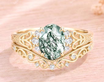 Unique Oval Cut Moss Agate Engagement Ring Set 14K Solid Gold Filigree Cluster Promise Ring Art Deco Green Gemstone Leaf Bridal Set For Her