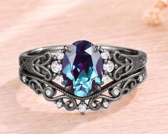 Gothic Oval Cut Alexandrite Engagement Ring Set 14K Black Gold Filigree Cluster Promise Ring Art Deco Green Gemstone Leaf Bridal Set For Her