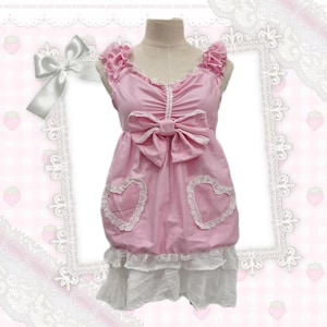 Sweet strawberry-colored big ribbon babydoll top blouse for coquette gyaru himekaji jfashion