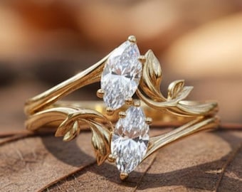 Two Stone Moissanite Engagement Ring, Gold Leaf Vine Marquise Cut Promise Ring, Nature Inspired Anniversary Gift.