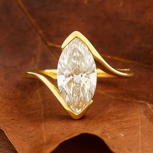 3 Carat Marquise Moissanite Bypass Engagement Ring, Solid Gold Solitaire Ring, Unique Anniversary Gift, Modern Minimalist Bridal Jewelry