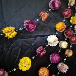 May include: A decorative garland featuring multiple dried strawflowers in shades of yellow, orange, deep red, purple, and cream. The flowers are strung together on a thin, clear filament interspersed with small, translucent, round beads.