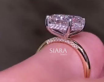 Anillo de oro macizo bicolor con moissanita de 4 quilates y talla esmeralda, estilo antiguo, con puente de pavé oculto, anillo de compromiso con halo oculto y anillo de promesa con diamante grande para ella.