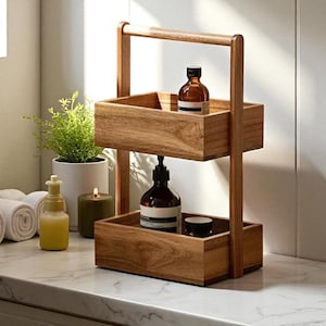 2 Tier Wood Bathroom Organizer Shelf, Countertop Storage for Kitchen, Wooden Vanity Makeup and Cosmetic Organizer