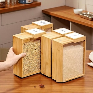 1/2pcs Bamboo Food Storage Box, Wooden Rice Dispenser with Sliding Lid, Pantry Organizer for Kitchen Counter or Cabinet
