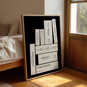 May include: A framed art print featuring a black background with white text resembling stacked books. The text includes "Wisdom Literature," "Prophecy," "History," "The Law," "Gospels," and "Letters/Epistles." The print is displayed in a room with a bed and a window.