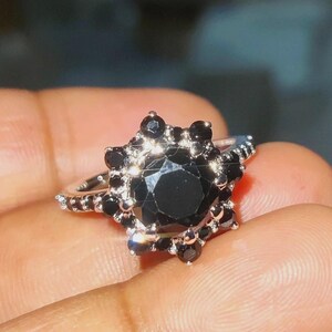 Diamond Starburst Halo Ring Round Cut Black Moissnaite Ring 14K White Gold Finish 925 Silver Anniversary Halo Ring Engagement Ring