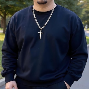 14K Figaro Chain with 24K Cross Pendant – 5mm, Gold Plate 0.8 Micron  – Men’s Gold Chain, Christian Necklace, Unisex Jewelry Gift