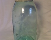 c1880s trade mark Mason 39 s C.F.J.Co. Improved , Aqua Two Quart, Half Gallon Fruit Jar with the original Zinc Band Cover, Country Primitive
