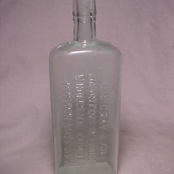 c1890s E. E. Gray Co. Importers and Wholesale Grocers Boston, Mass., Pint Size Cork Top Aqua Blown Glass Whiskey Back Bar Bottle Flask