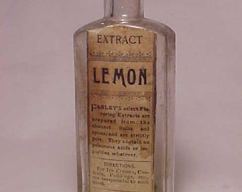 c1890s Extract Lemon prepared by L. P. Farley Boston, Mass., Cork Top blown clear glass Extract Bottle with paper label