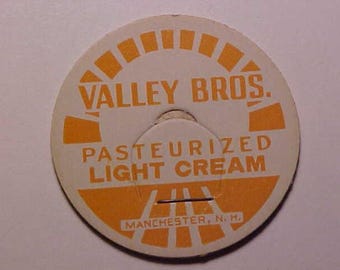c1940-50s Valley Bros. pasteurized light cream Manchester, N.H., New Hampshire milk bottle Cap, New Hampshire Dairy Farm History