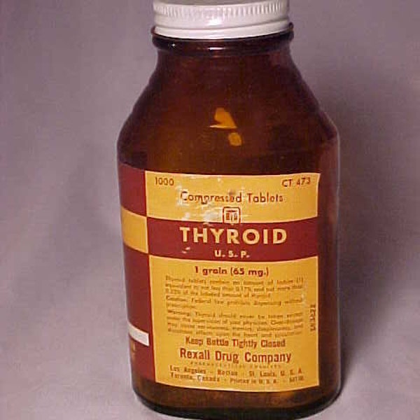 1958 1000 compressed tablets CT 473 Thyroid Rexall Drug Co. Los Angeles, Boston, St. Louis, Bottle with paper label & cap, Drug Store Decor