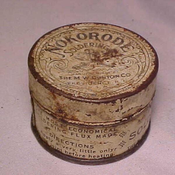 c1940s Nokorode Soldering Paste Manufactured By The M. W. Dunton Co. Providence, R.I., Antique Advertising Tin, Man Cave Decor