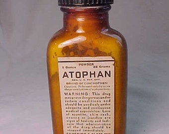 c1940s Atophan brand of Cinchophen Schering & Glatz Inc. William R. Warner Co. New York St. Louis, Druggist Pharmacy Medicine Bottle