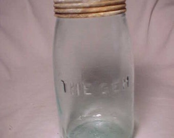 c1880s The Gem with Ghosted The Hero Aqua Quart Fruit Jar, Canning Jar Zinc Screw Band and glass lid cover, Country Primitive Decor