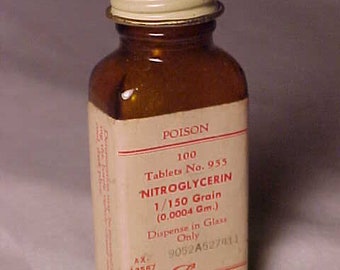 c1930s 100 poison tablets No. 955 Nitroglycerin Eli Lilly & Co. Indianapolis, Ind., Paper Label Medicine bottle, Drug Store Decor