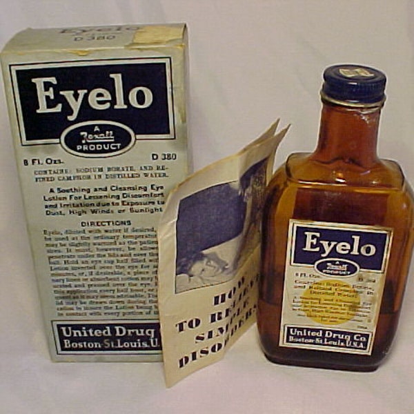 c1930s Rexall Eyelo United Drug Co. Boston, St. Louis , Screw Top Amber Glass Patent Medicine bottle with Paper Label & Box