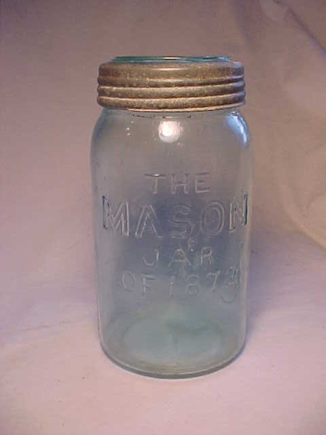 C1870s the Mason Jar of 1872 Quart Size Aqua Blown Glass Canning Fruit Jar With a Ground Lip and
