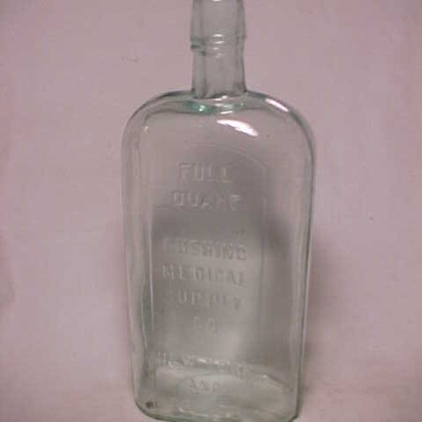 c1890s Cushing Medical Supply Co. New York and Boston, Mass, Cork Top Aqua Quart Strap Side Pre Prohibition Whiskey Bottle Flask, Back Bar