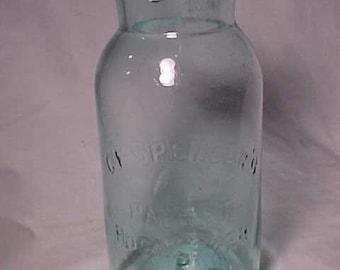 c1870s C. F. Spencer's Patent Rochester, N.Y. Aqua Blown Glass Quart Canning Fruit Jar with a reproduction metal lid, Gift Idea