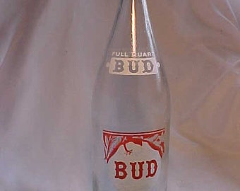 1964 BUD Watertown Beverage Company Watertown, Mass., clear glass 32 ounce ACL Painted Label Crown Top Soda Bottle, Back Bar Bottle