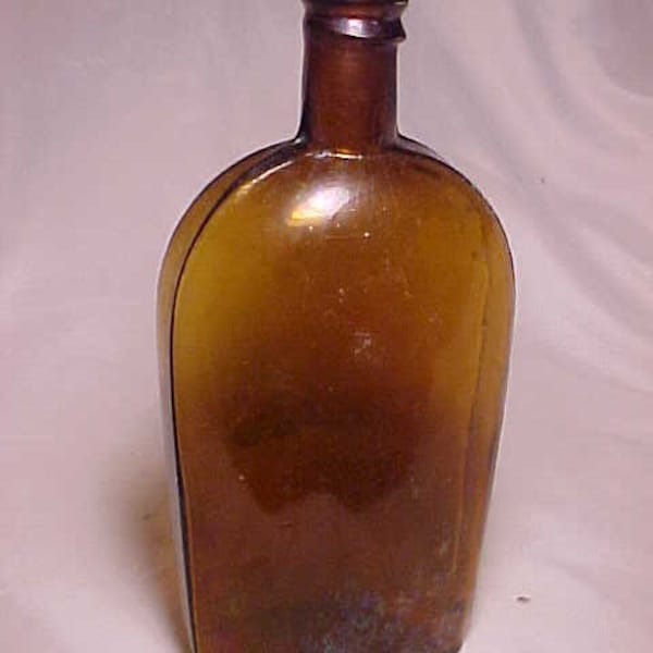 c1890s One Pint Amber Strap Side Blown Glass Whiskey Flask with an embossed Star in a circle, Country Primitive Decor, Back Bar Bottle