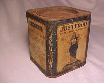c1903-15 Justfood Just's Dietetic Cereal Food Just's Food Co. Syracuse, N.Y., Vintage Advertising Food Cereal Tin Can, Country Kitchen Decor