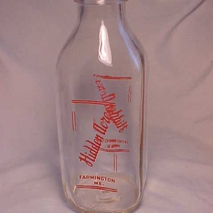 1951 Hidden Acres Farmington, Maine., One Quart Size Orange Pyro Milk Bottle, Country Primitive Decor, Maine History