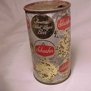 c1950s Schaefer Americas oldest lager beer The F. & M. Schaefer Brewing Co. New York, N.Y., EMPTY Top Opened, Vintage Flat Top Beer Can